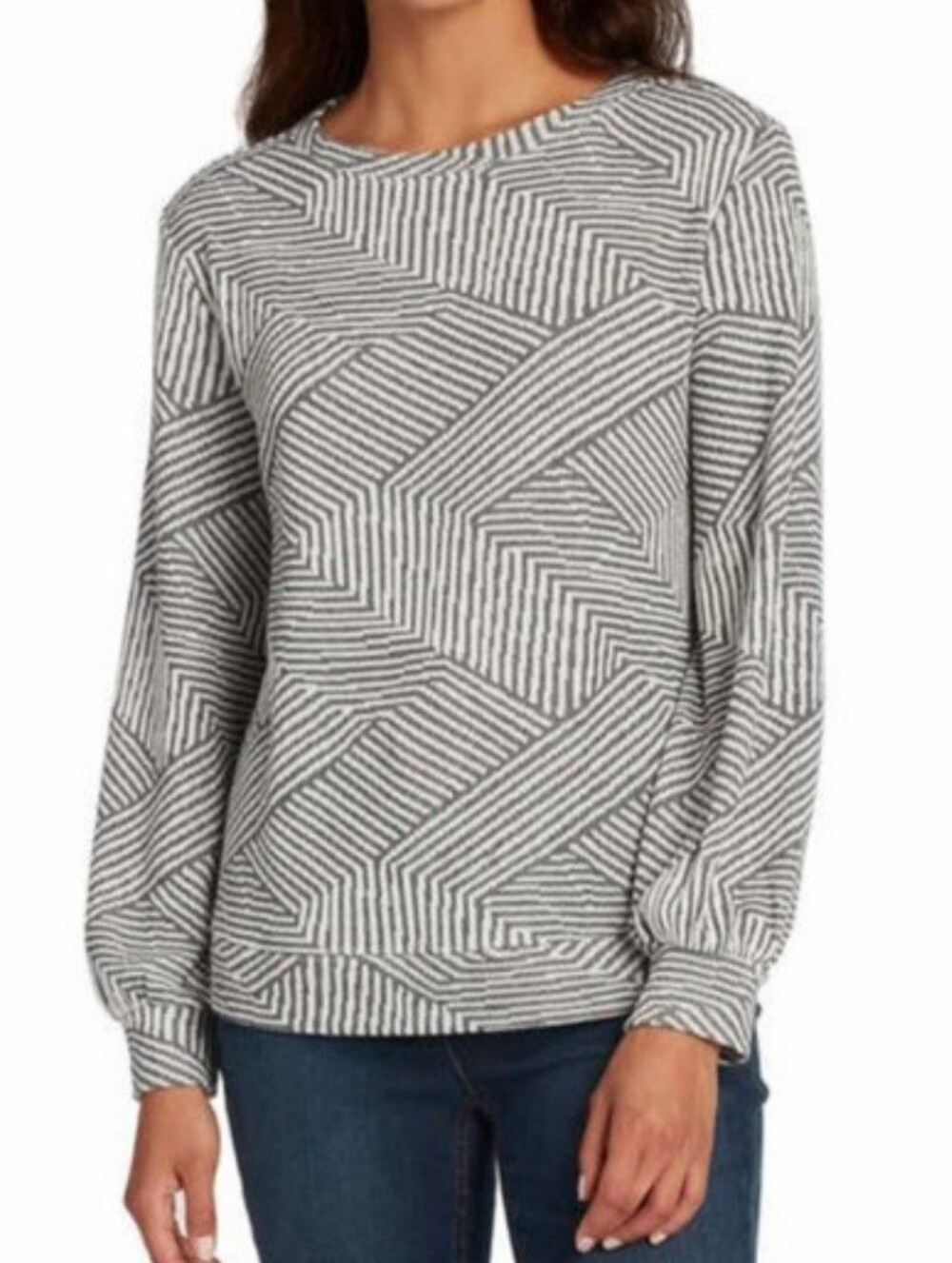Share Ellen Tracy Geometric Round Neck Sweater Grey & White Size XXL, D03-0230